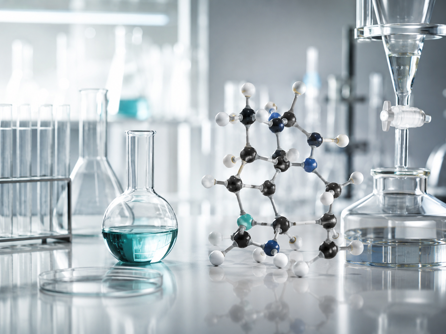 Custom synthesis laboratory with molecular model and glassware